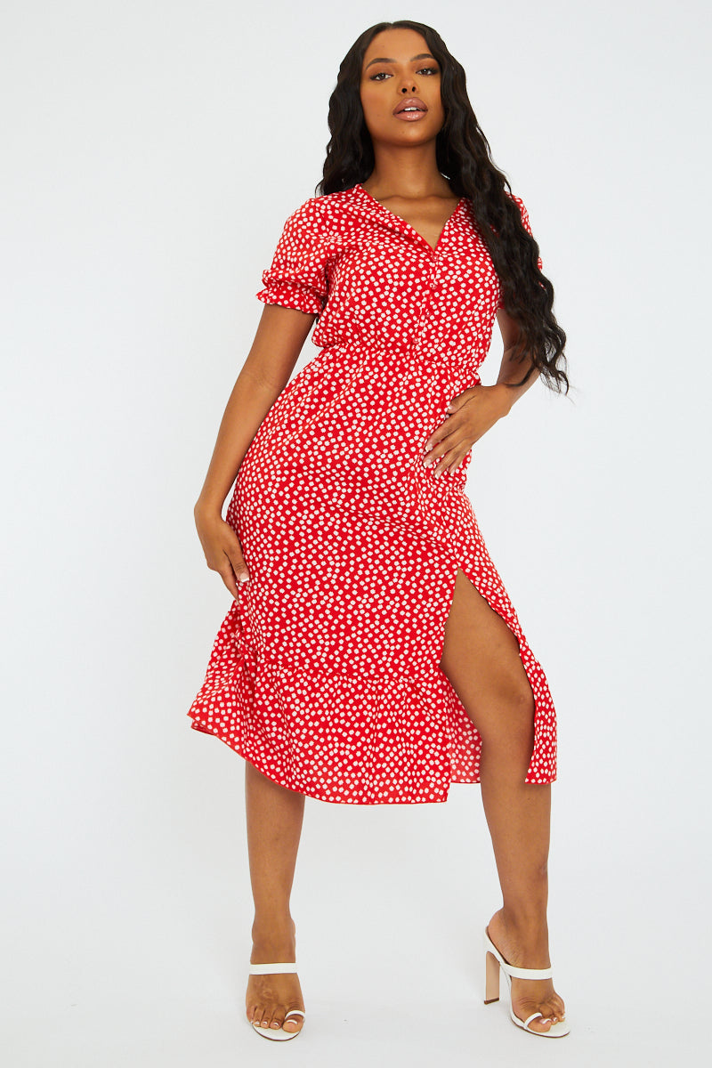 Red Floral Print Front Slit Midi Dress - Avery - Size 8