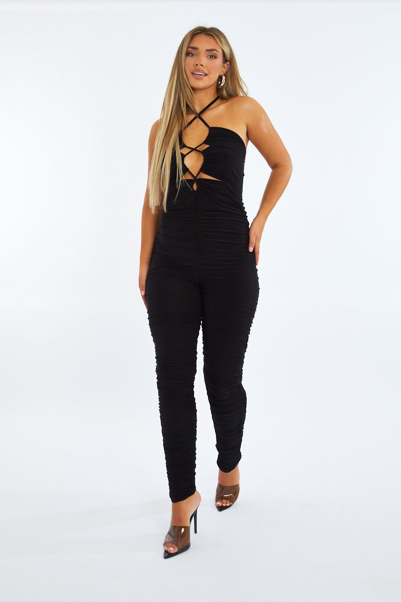 Black Ruched Lace Up Front Jumpsuit - Lena - Size 8