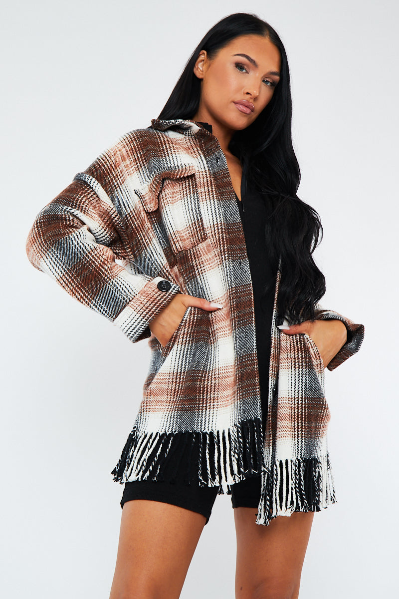 Brown Checked Fringe Detail Shacket - Iyana - Size O/S
