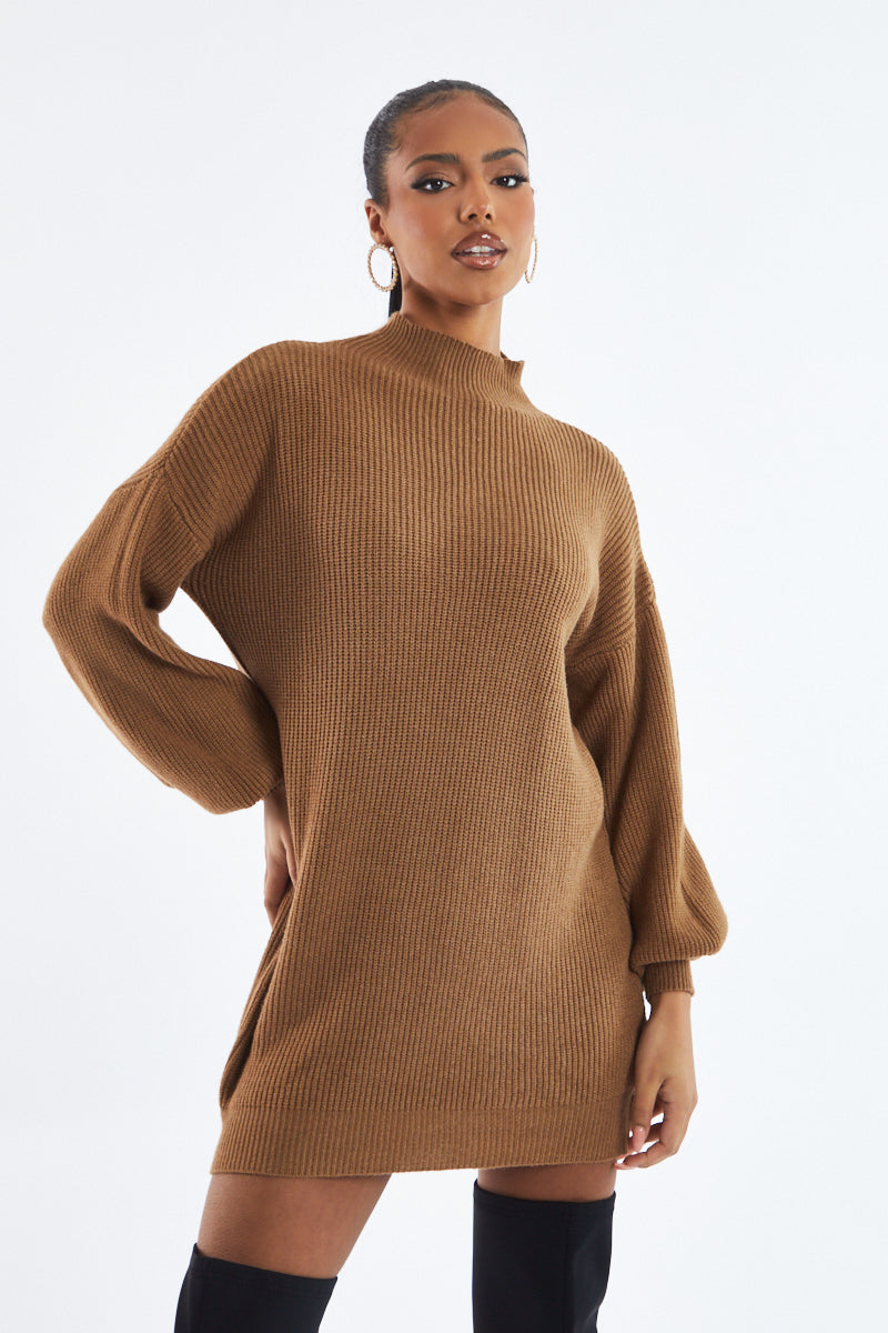 Brown Oversized Knit Jumper Dress - Inez - Size 12/14