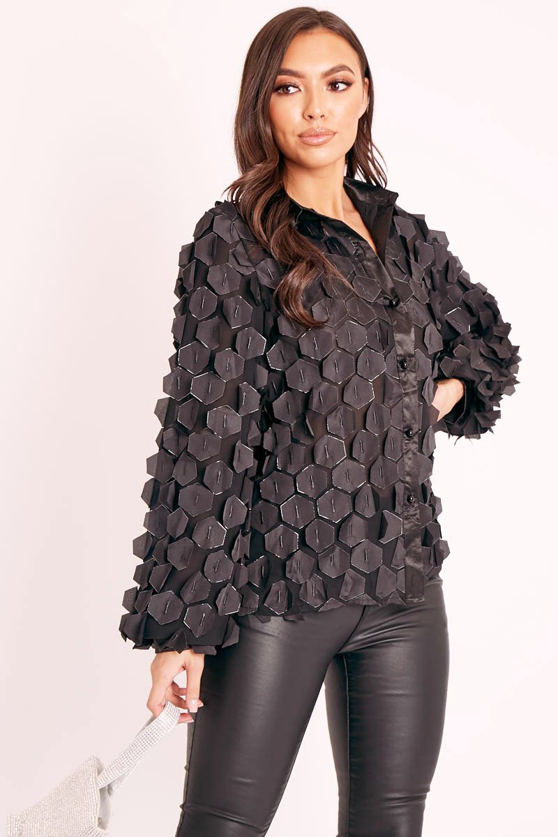 Black Geometric Applique Button Front Shirt - Bostyn - Size 8