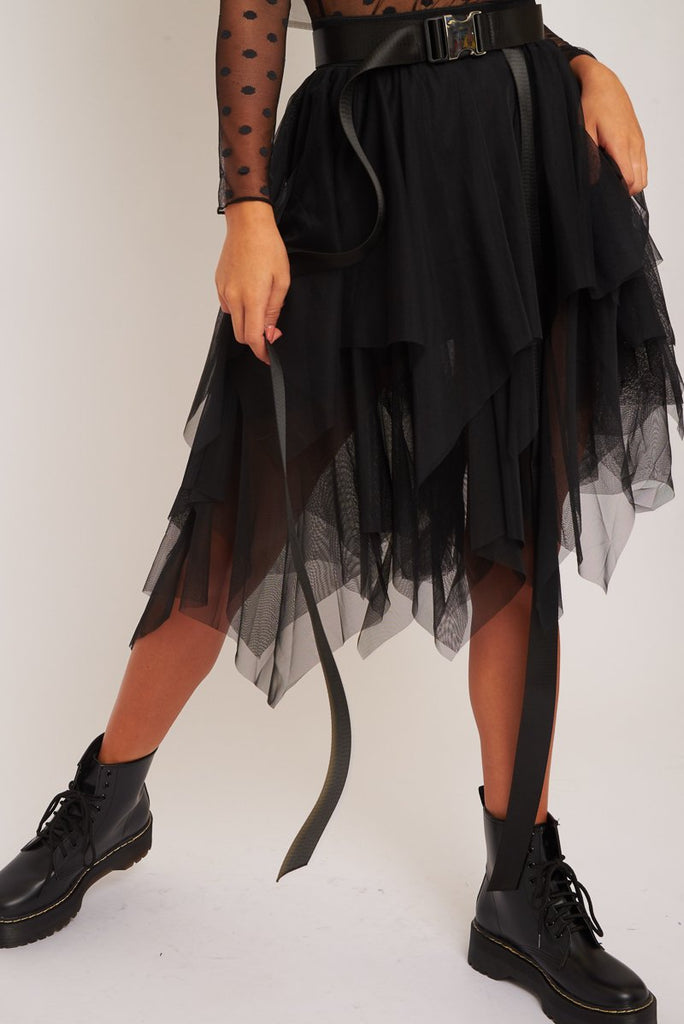 black layered tulle midi skirt