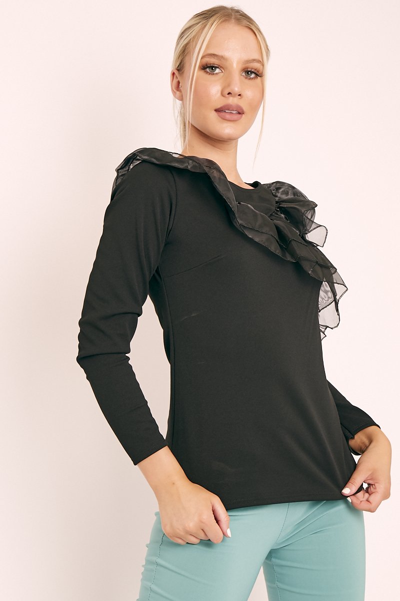 Black Mesh Ruffle Front Long Sleeve Top - Kristen - Size 6