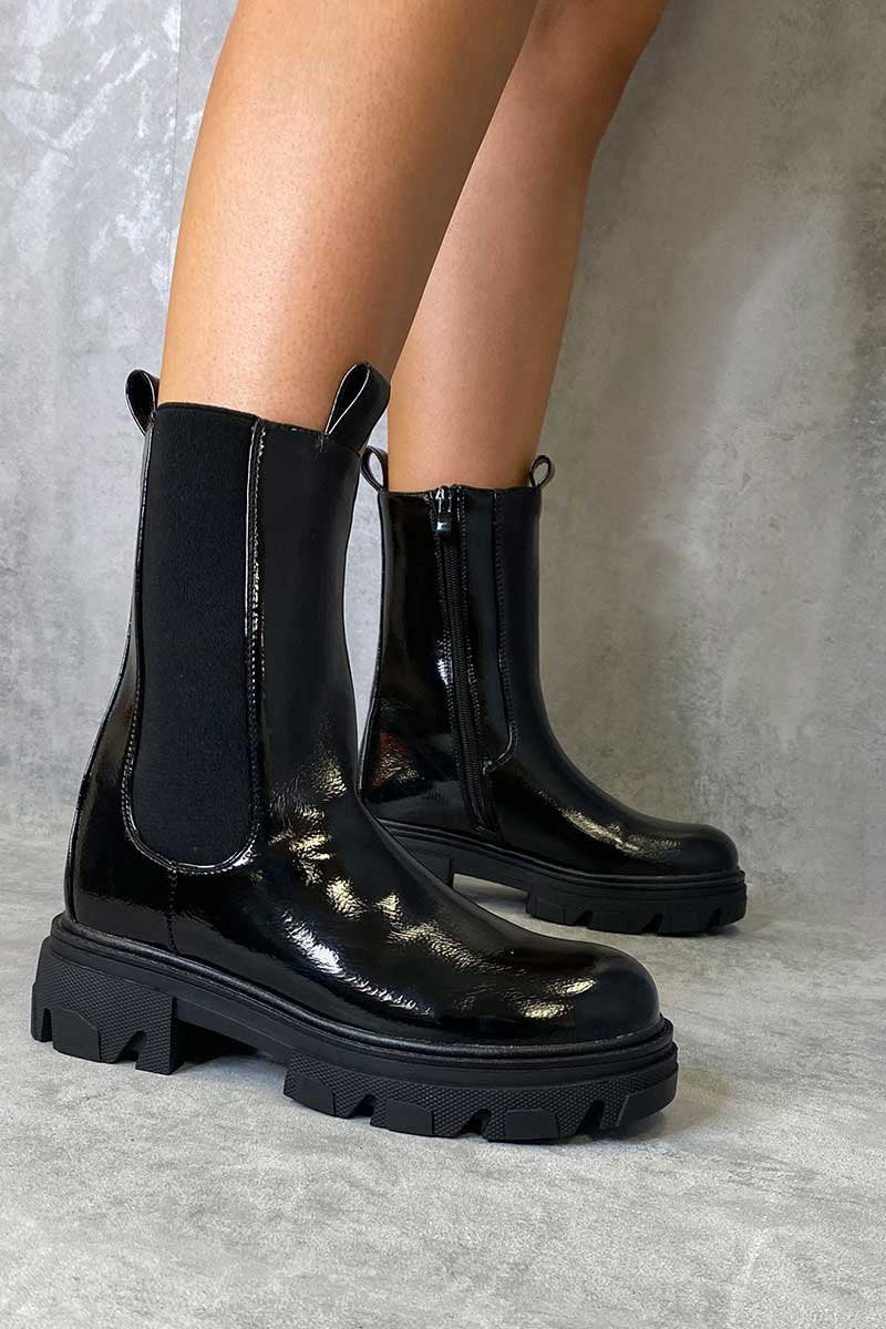 Black Patent High Chelsea Boot - Kittie - Size UK8