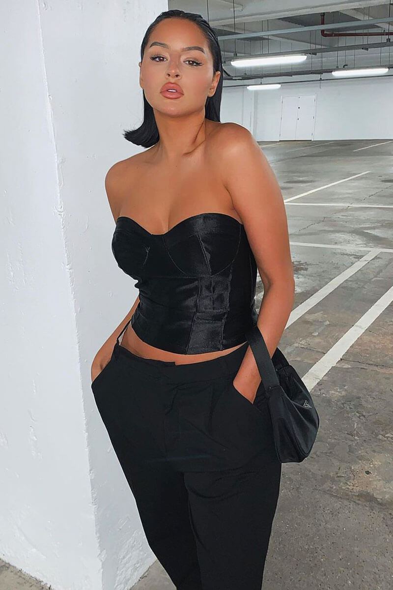 Black Satin Corset Crop Top - Laraya - Size 8