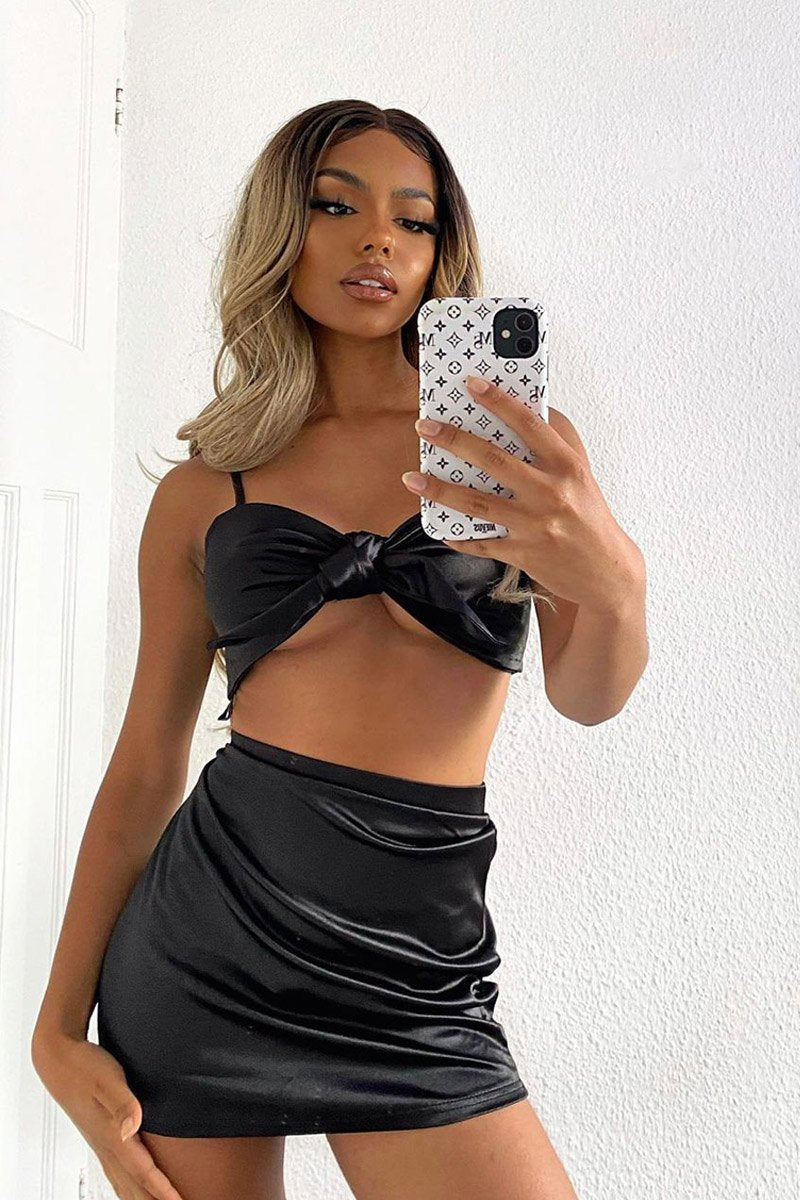 Black Tie Front Satin Crop Top + Skirt Co-ord - Orla - Size 12