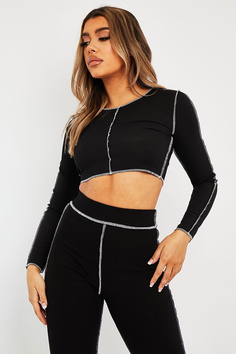 Black White Contrast Stitch Ribbed Crop Top - Candice - Size 6