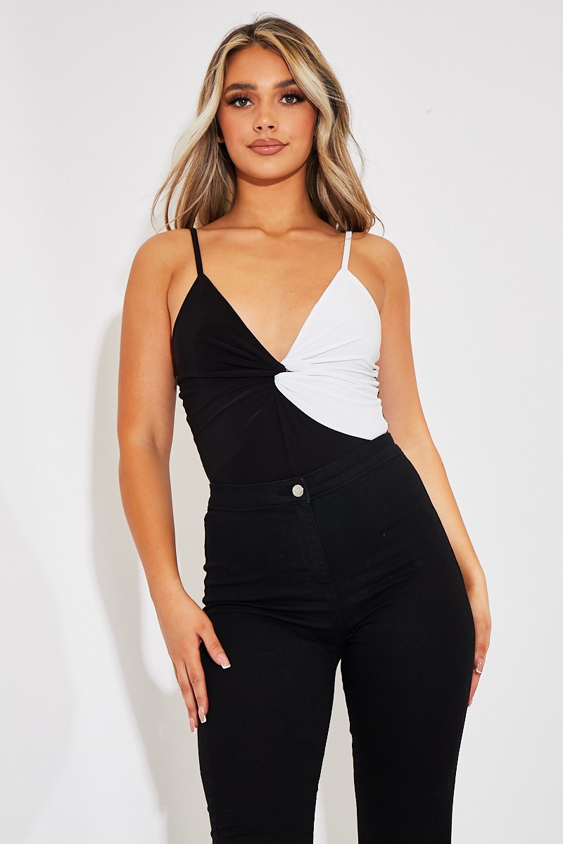 Black White Splice Twist Front Bodysuit - Alayja - Size 6