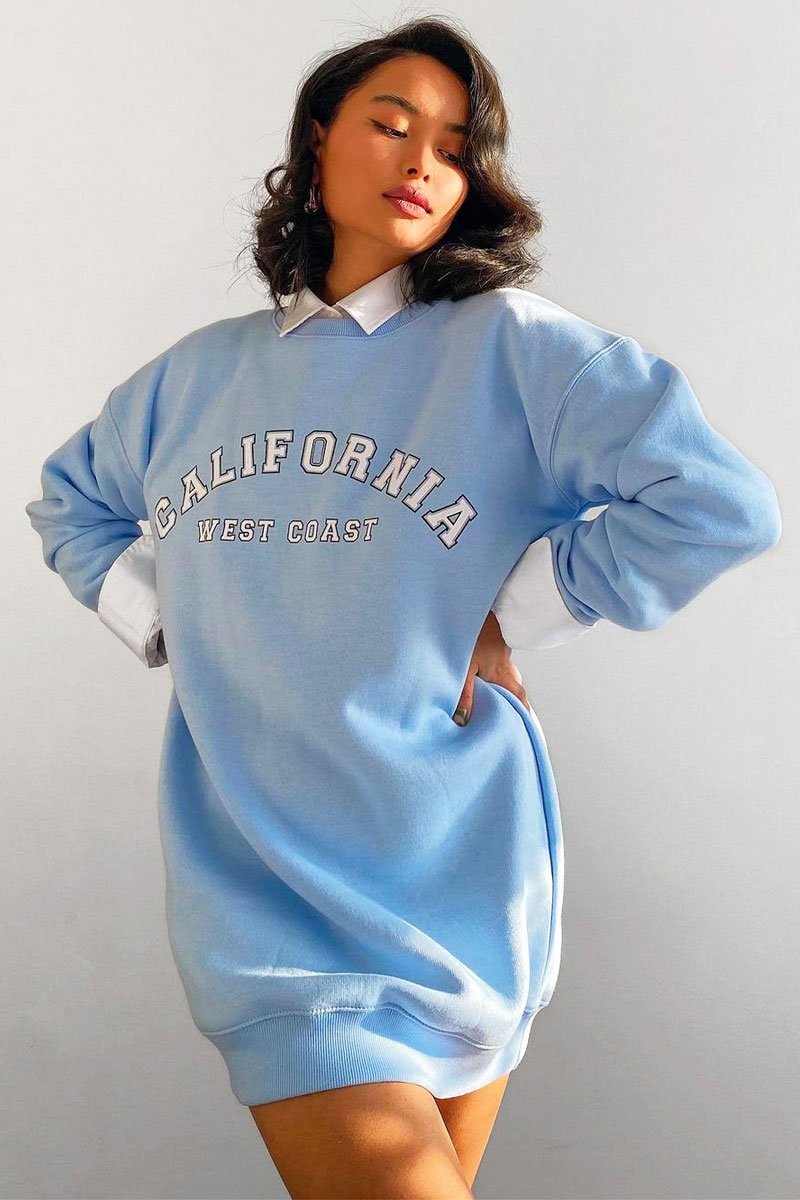 Blue California Slogan Sweater Mini Dress - Immi - Size 8
