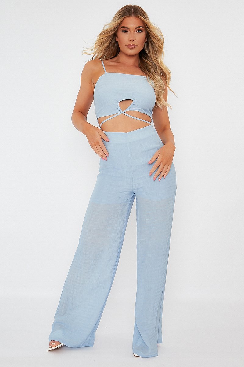 Blue Tie Detail Wide Leg Jumpsuit - Josilyn - Size 8