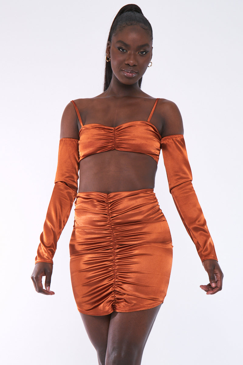 Rust Bardot Satin Crop Top - Alana - Size 12