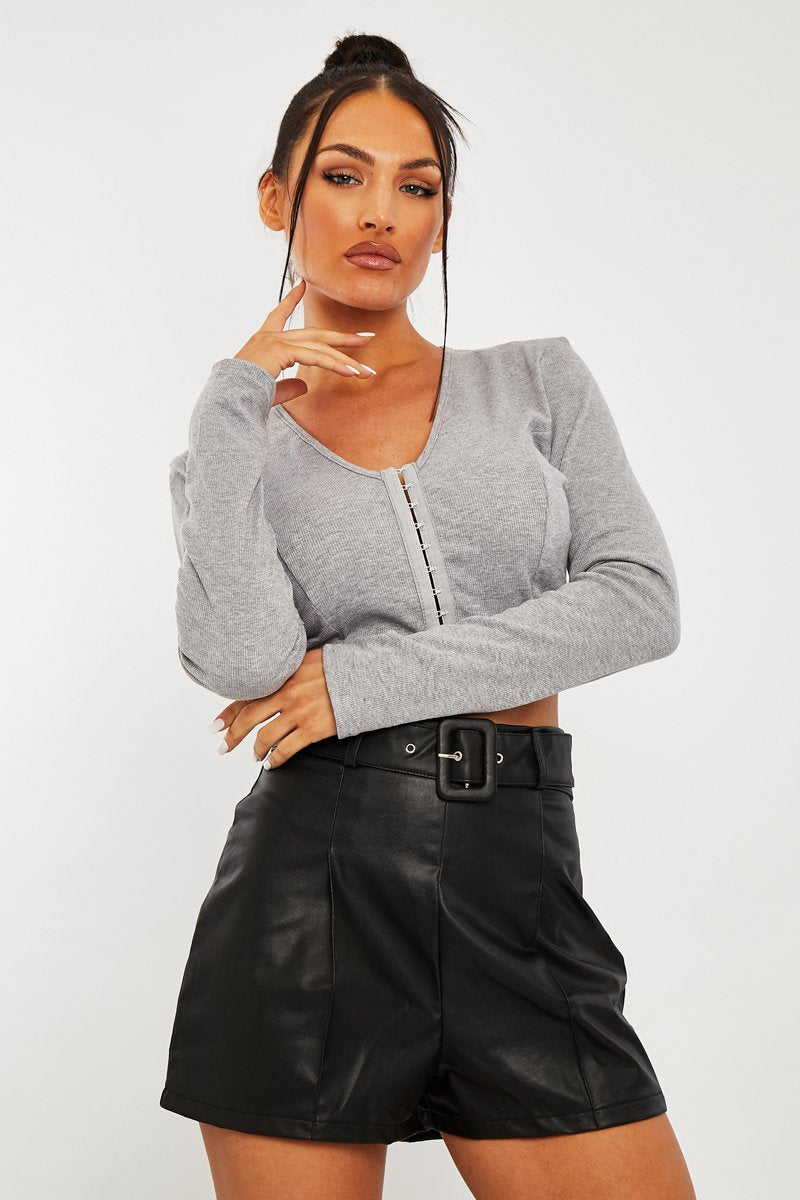 Grey Ribbed Hook Fastening Crop Top - Piper - Size 8