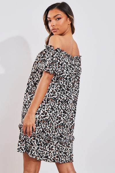 White Leopard Print Bardot Smock Dress | Mini Dress | Rebellious Fashion