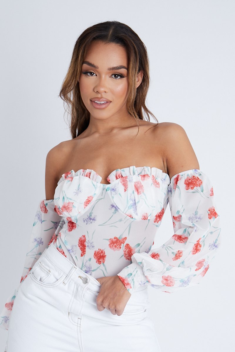 Lilac Floral Bardot Off The Shoulder Mesh Bodysuit - Hayle - Size 6