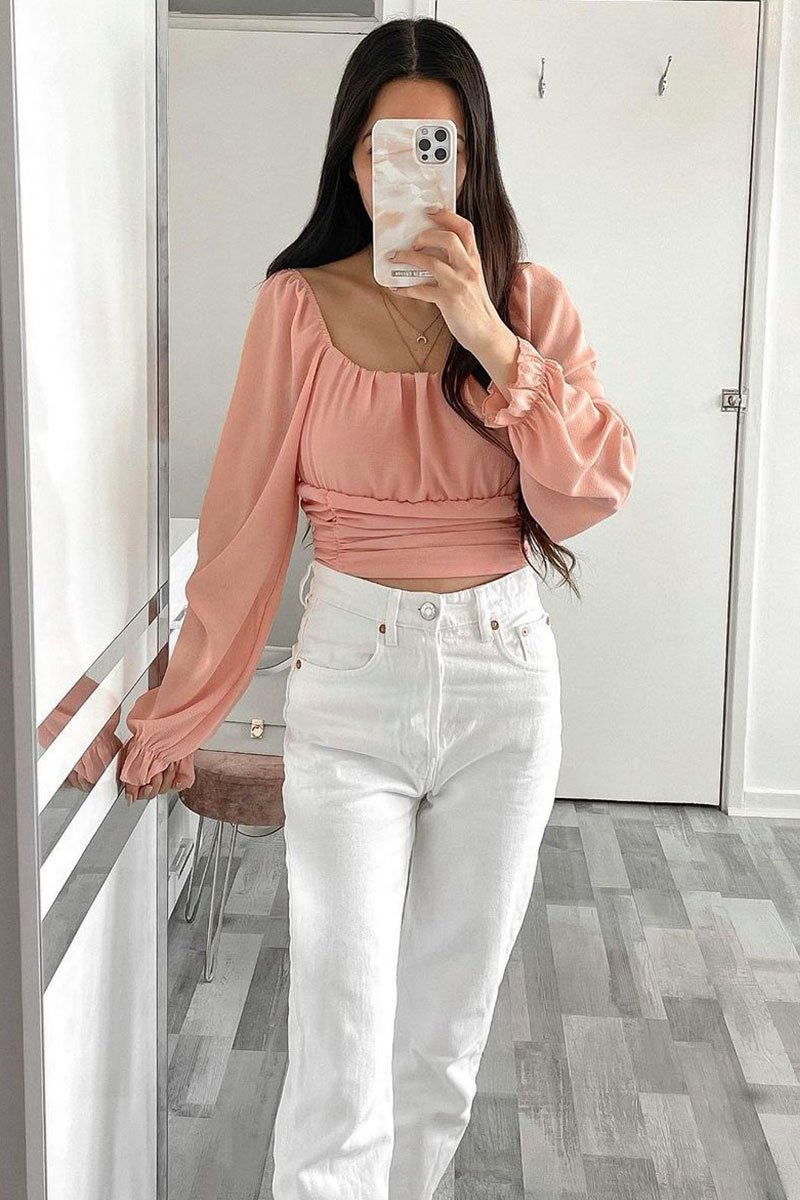 Pink Crepe Ruched Panel Crop Top - Laurie - Size 12
