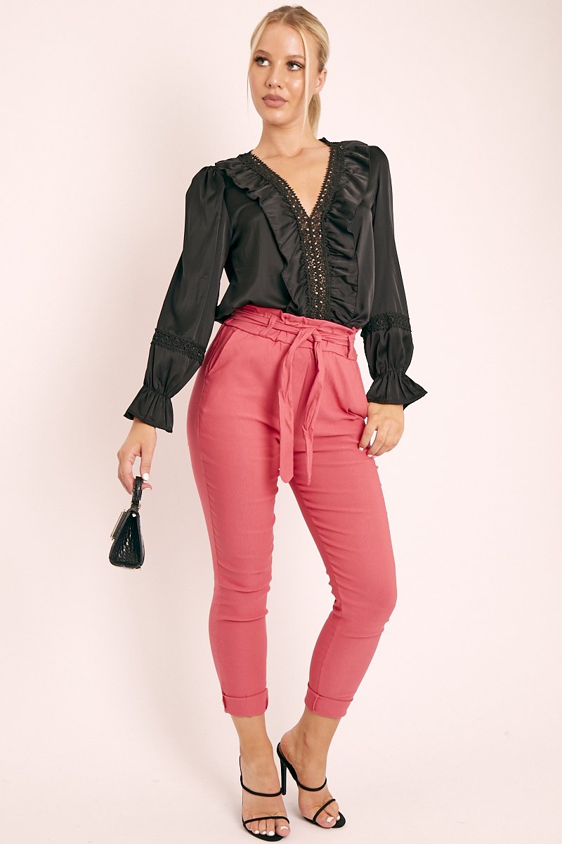 Pink Tie Belt Paperbag Waist Trousers - Jaylea - Size 12