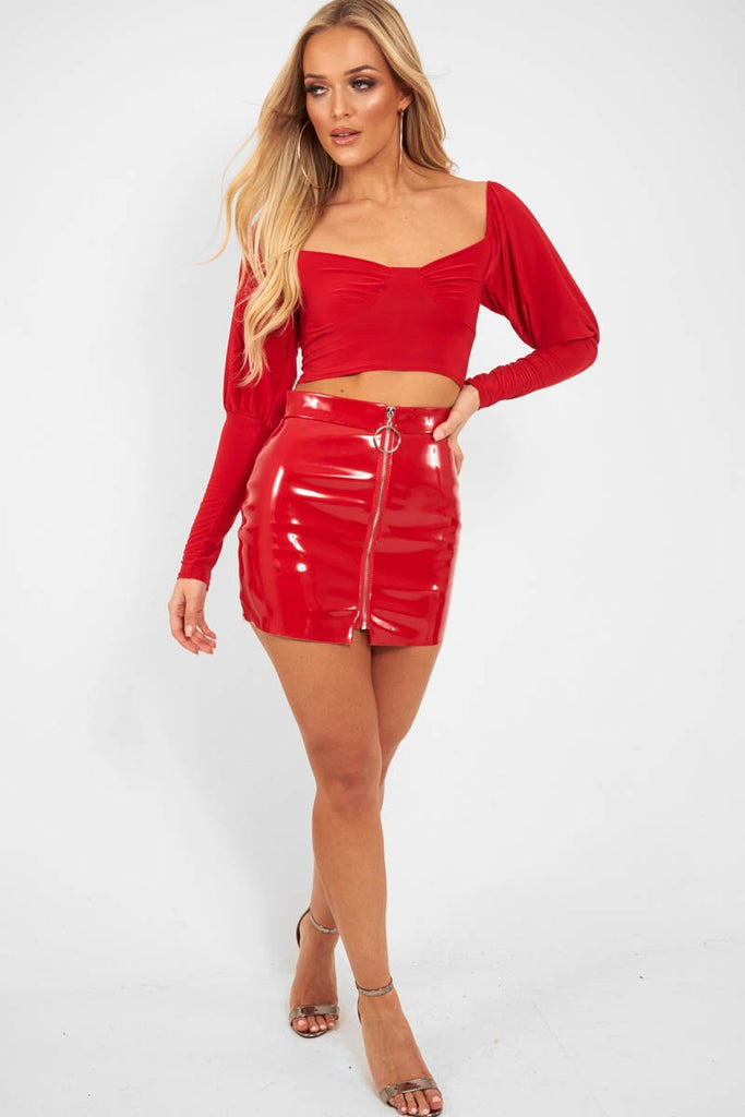 red vinyl skirt and top