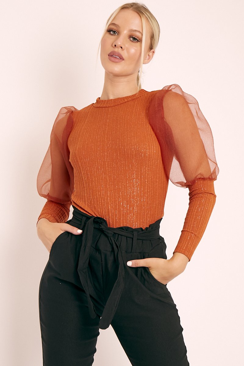 Rust Metallic Puff Sleeve High Neck Top - Blaike - Size 8