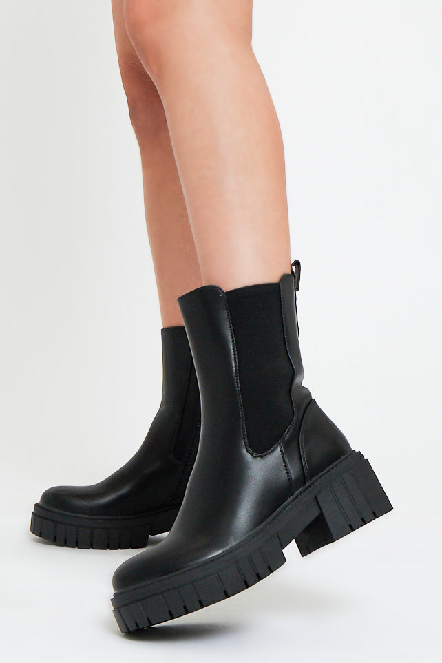 Black Chunky Sole Heeled Boots - Giyanna - Size UK 8 / US 10 / EU 41