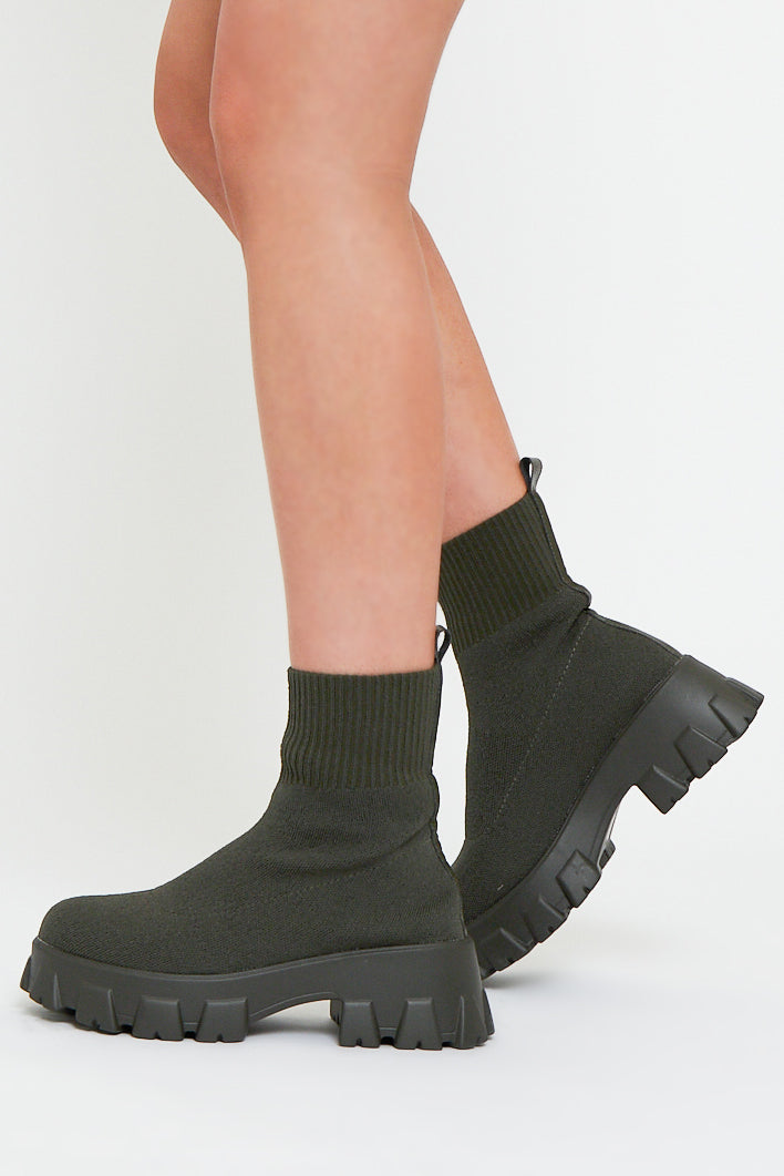 Khaki Ankle High Chunky Sole Sock Boots - Bana - Size UK 7 / US 9 / EU 40