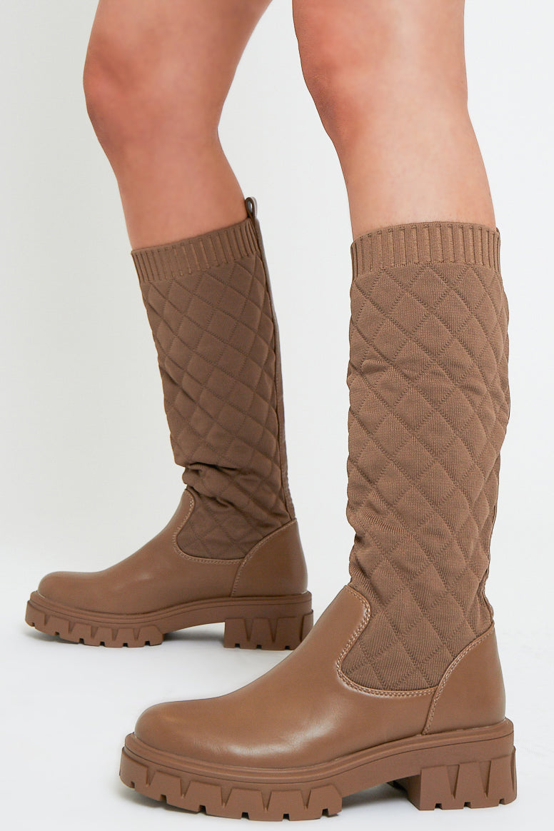 Brown Quilted Detail Knee High Boots - Bethsy - Size UK 8 / US 10 / EU 41