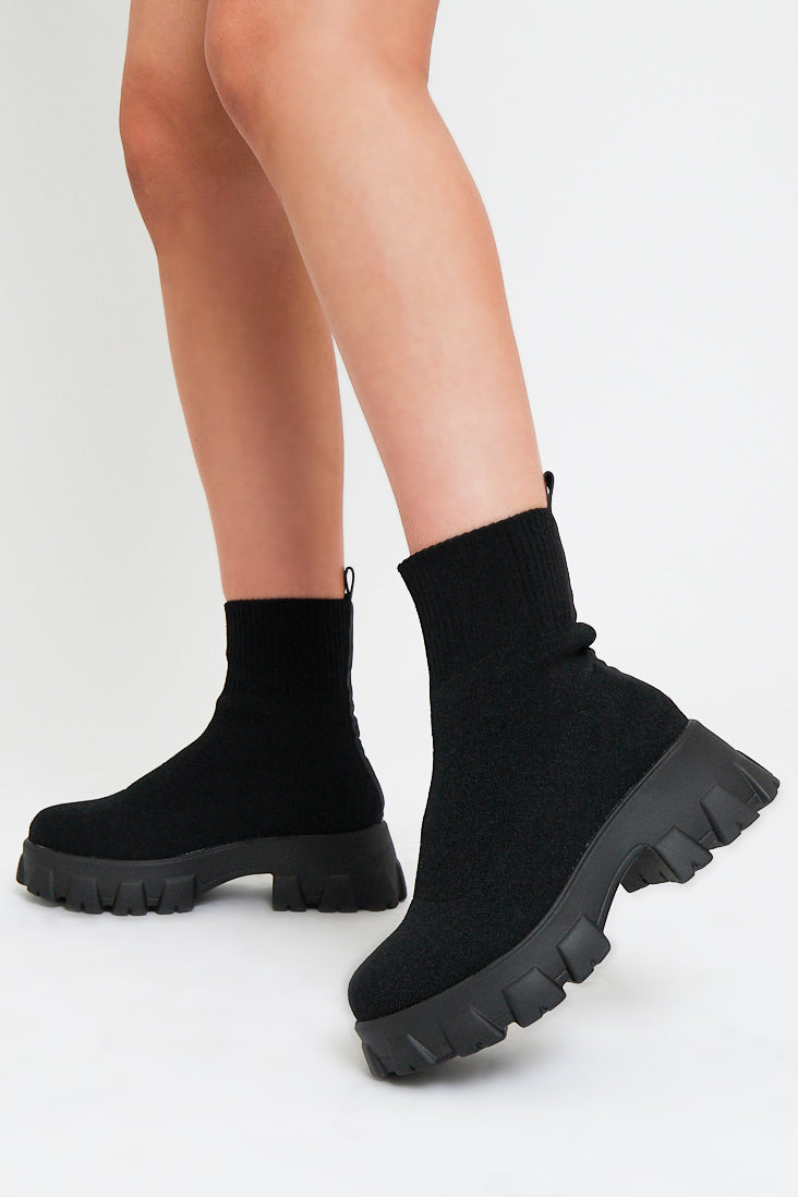 Black Ankle High Chunky Sole Sock Boots - Bana - Size UK 8 / US 10 / EU 41
