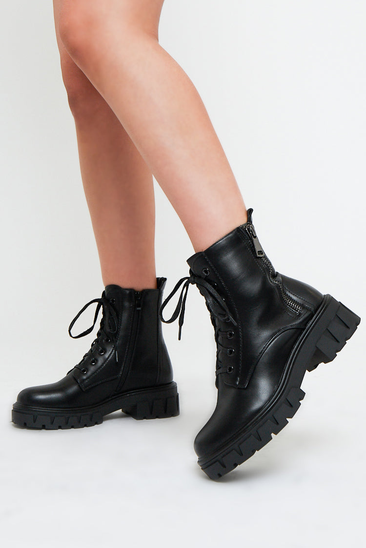 Black Side Zip Faux Leather Ankle High Boots - Hanan - Size UK 8 / US 10 / EU 41