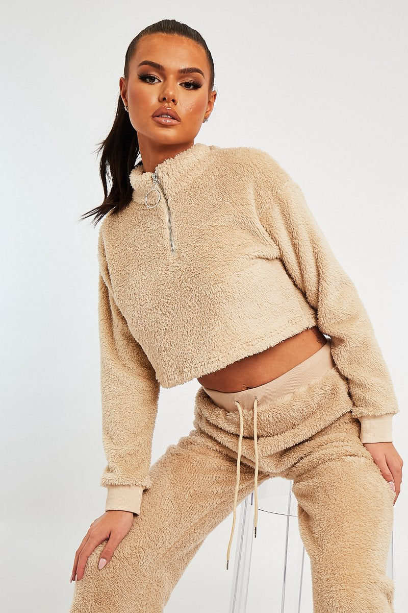 Stone Cropped Zip Front Teddy Jumper - Brady - Size 8