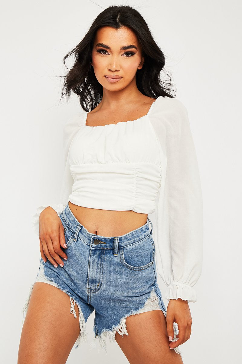 White Crepe Ruched Panel Crop Top - Laurie - Size 6