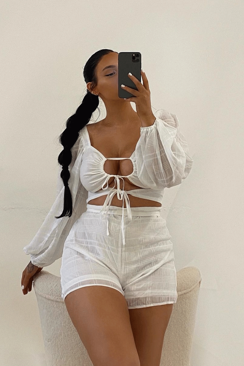 White Front Cut Out Long Sleeve Playsuit - Cami - Size 6