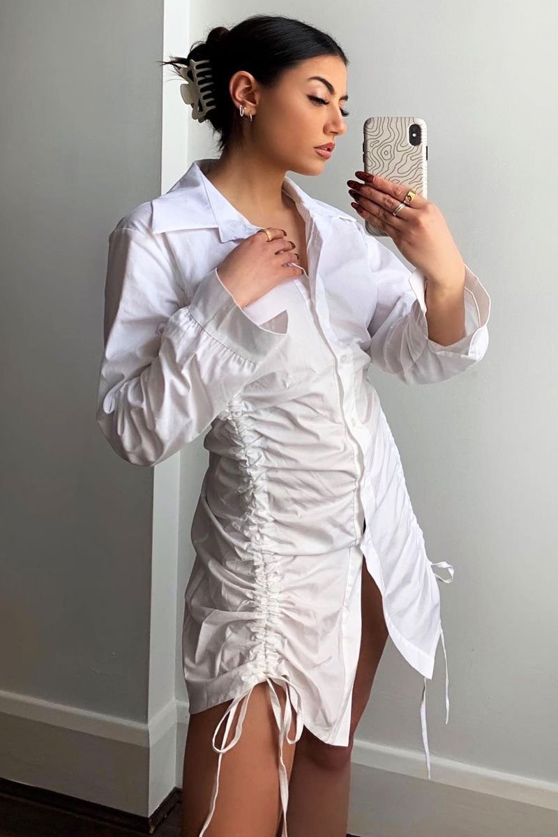 White Ruched Centre Shirt Mini Dress - Khylie - Size 8