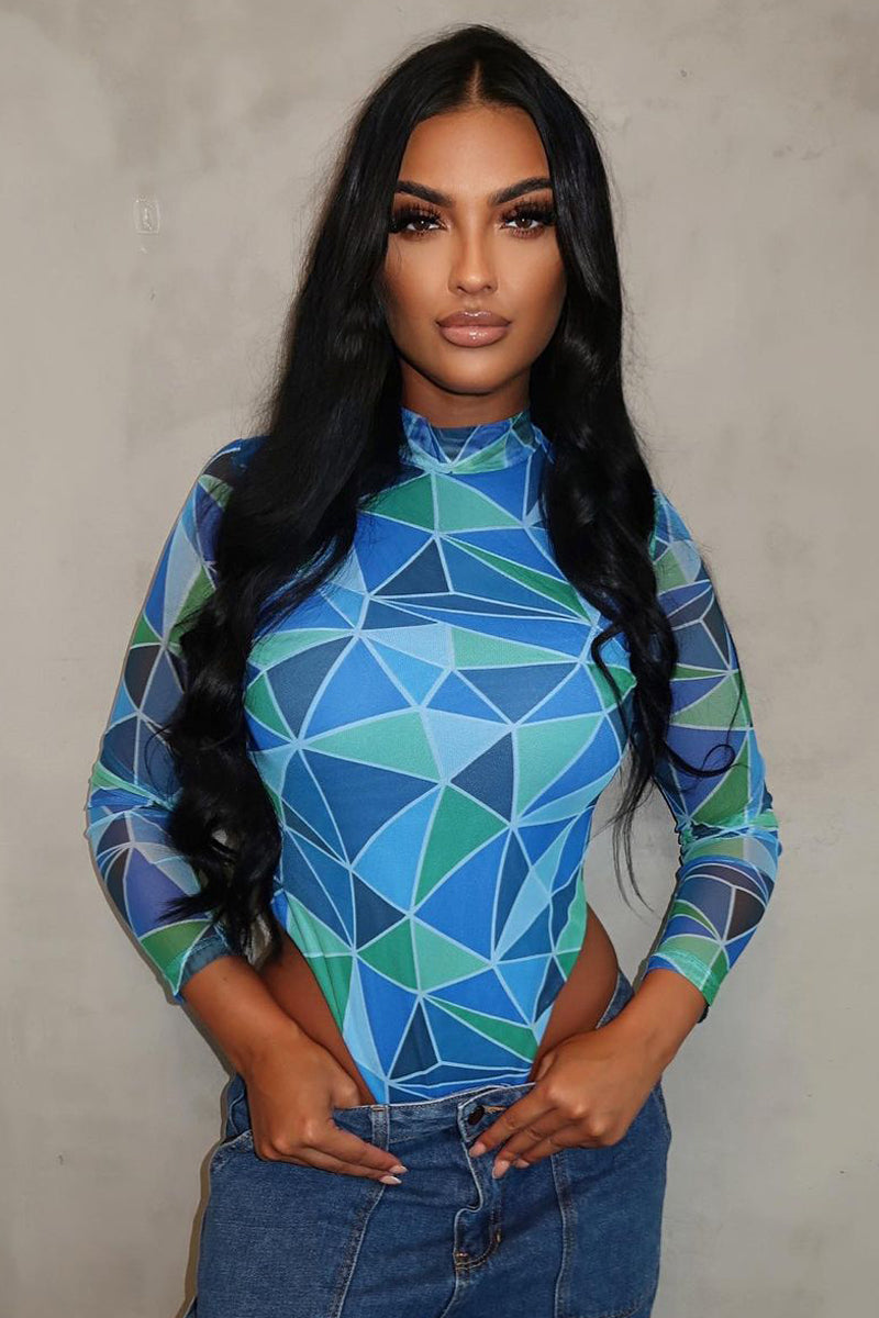 Blue Geometric Pattern Mesh Bodysuit - Bee - Size 6