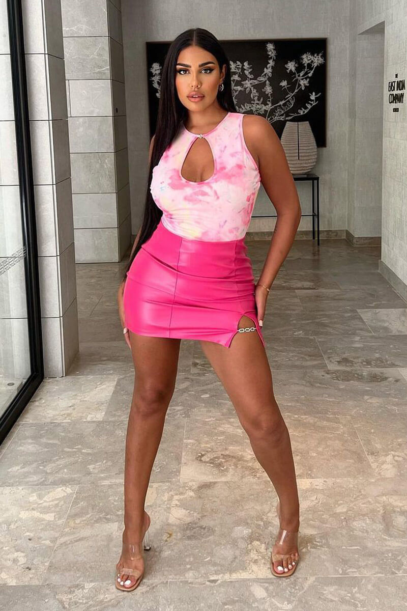 Hot Pink Slide Split Embellished PU Mini Skirt - Tanni - Size 8