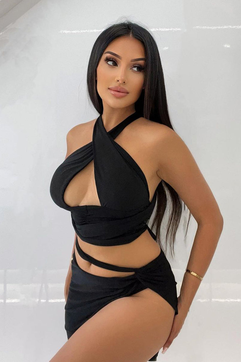 Black Halter Neck Slinky Crop Top - Jessabel - Size 6