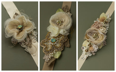 LeFlowers Bridal Rustic Greenery wedding dress sashes belts. Burlap accessories for brides