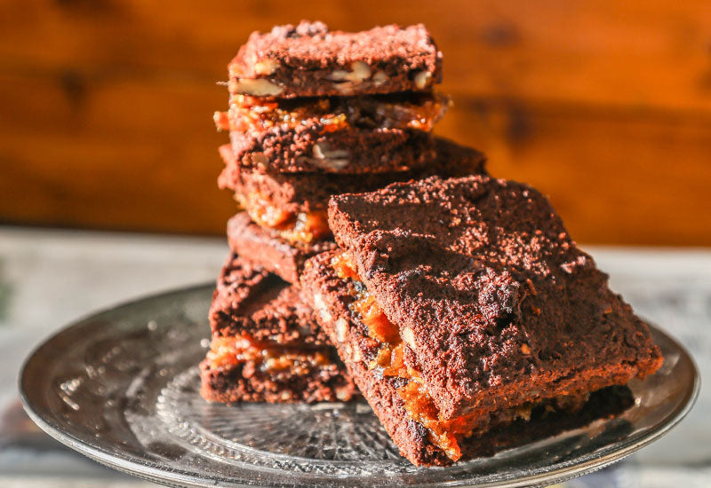 Pecan & Baobab Brownie Slice With Salted Caramel Filling