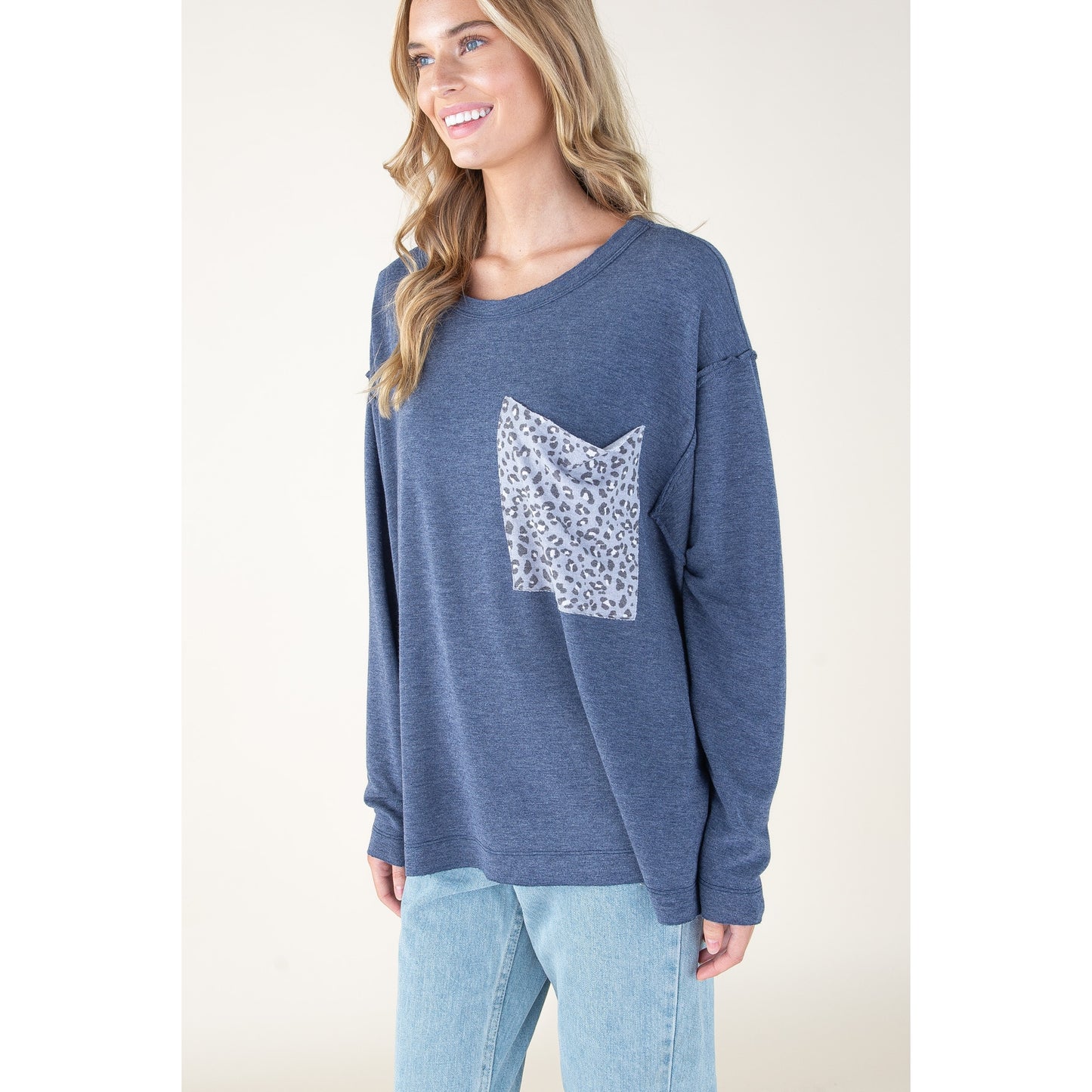 Navy Animal Print Pocket Top - Wild Luxe Boutique