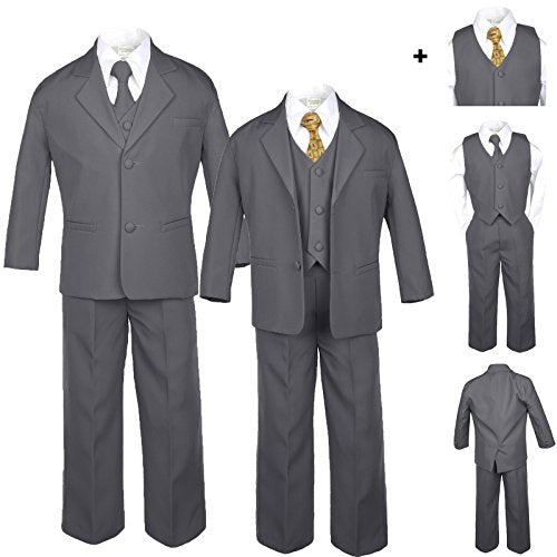 6pc Boys Baby Teen Dark Gray Grey Suits Set Satin Leopard Necktie Outfits SM-20 