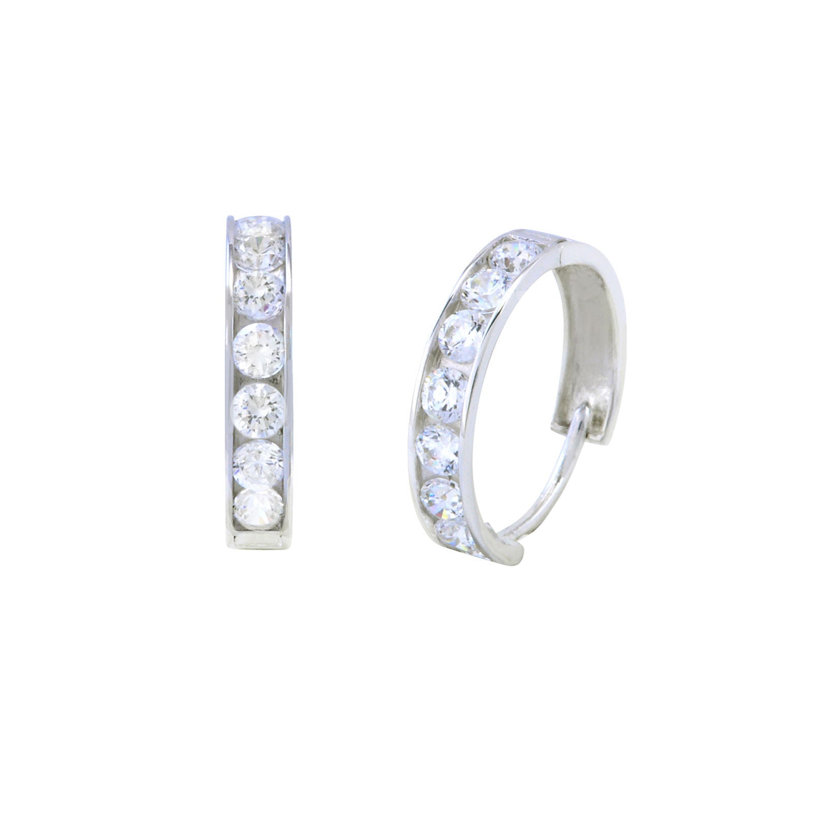 14K White Gold 14mm Double-Row Cubic Zirconia Huggie Hoop Earrings 