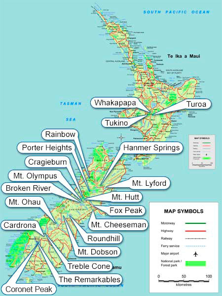 Where are ski areas in New Zealand. Map