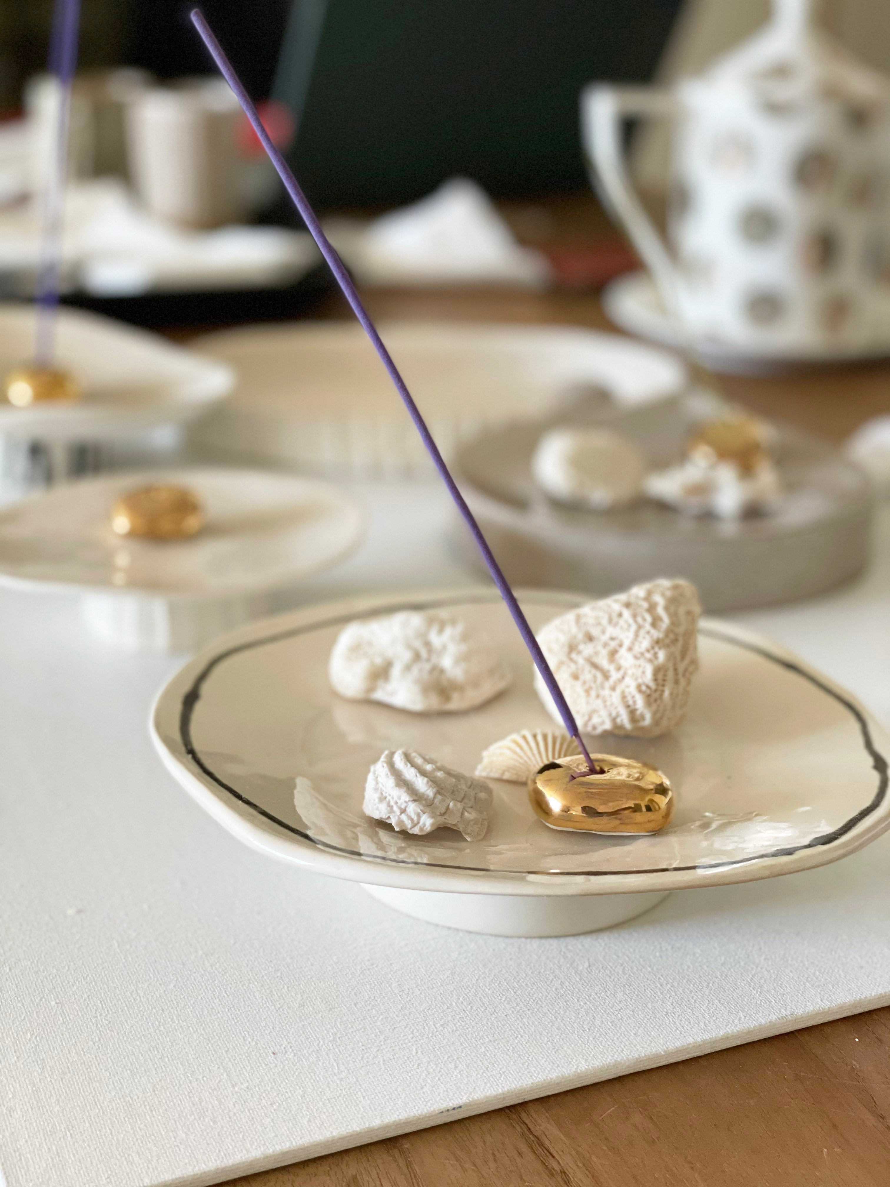 Mother's day Gift Modern Design,Artist Goods Ceramic Hand Built pebbles Incense Holder with 22k gold luster