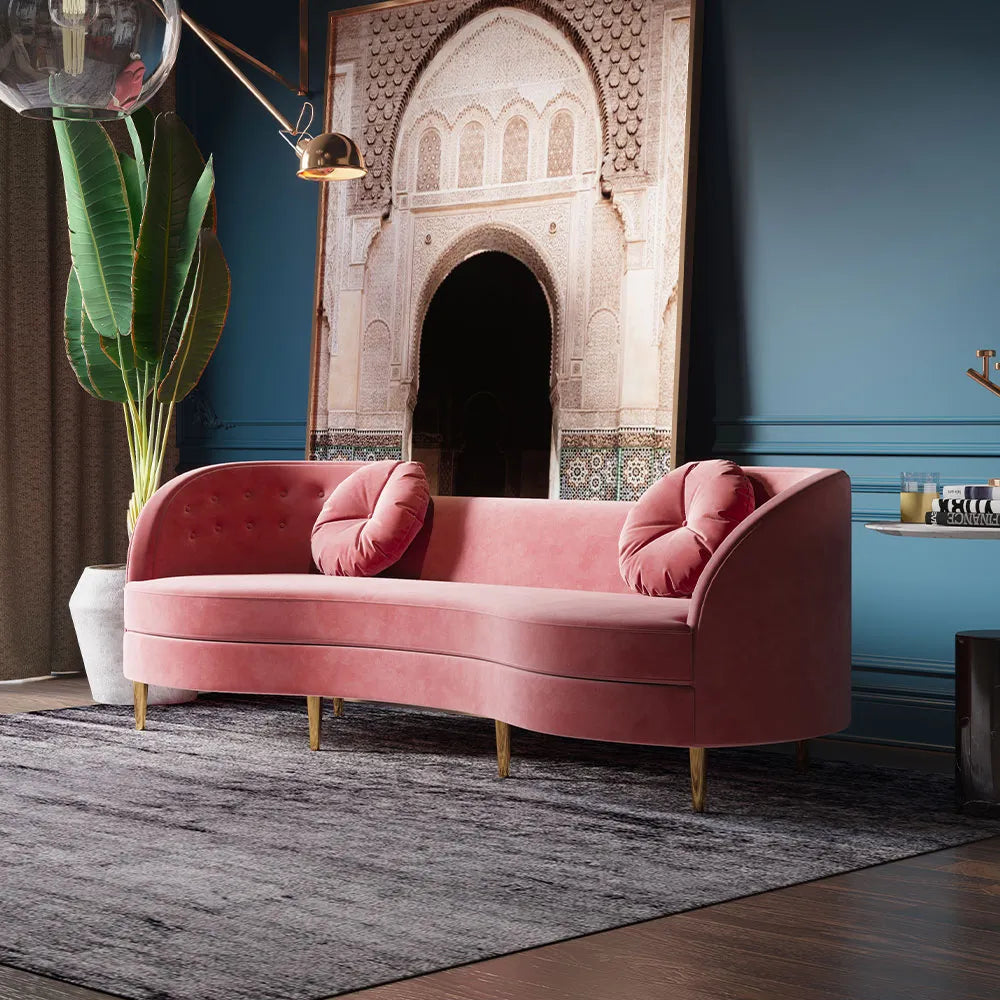 Modern Tufted Red Velvet Upholstered 4-Seater Sofa