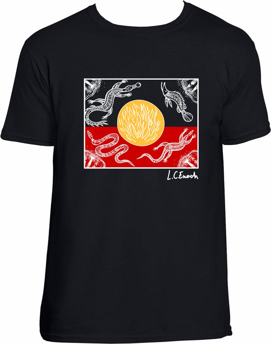 Sunset Dreaming - Aboriginal Flag T Shirt ADULT Regular Fit - Louis Enoch Original Design