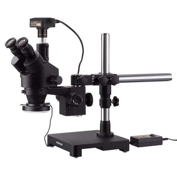 AmScope 3.5X-180X Boom Stand Trinocular Zoom Stereo Microscope with Fiber Optic Ring Illuminator and 5MP USB3 Camera 
