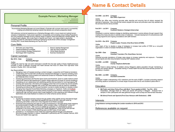 name and contact details on CV