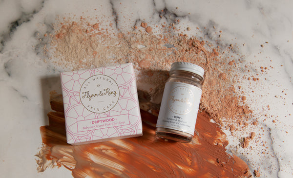 driftwood soap and buff exfoliant and mask made with pink kaolin clay
