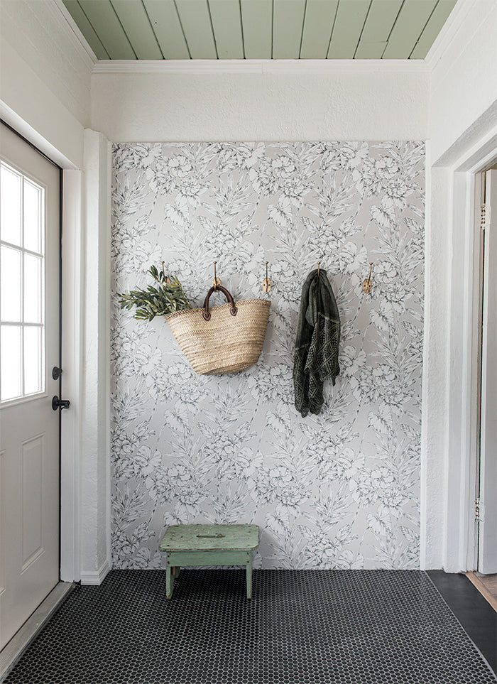 Jenna Sue Design entrance way with floral wallpaper