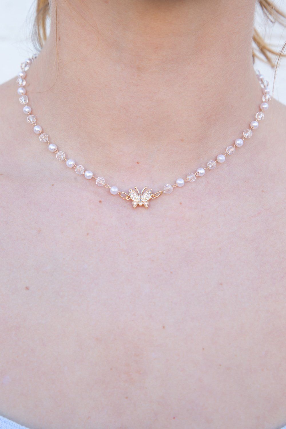 Faux Pearl and Bead Butterfly Necklace