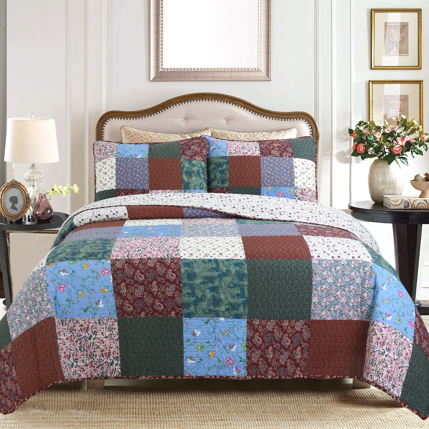 Harvest Vintage Floral Paisley Real Patchwork Cotton Reversible Quilt Set