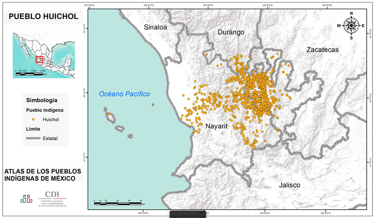 Mapa de México que señala la región en que habitan los huicholes